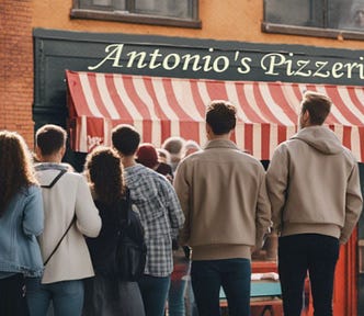 A pizza parlor with a line out front