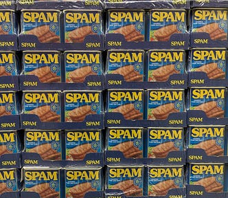 A wall consisting of cans of SPAM lunchmeat