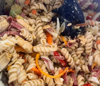 close up of a colorful pasta salad