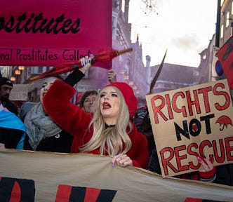 Sex workers go on strike on International Women’s Day, marching from Soho to the Royal Court of Justice on 8th March 2020 in London, United Kingdom.