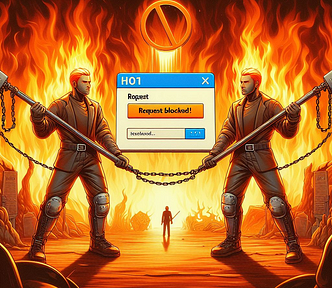 Image of two people with hammers wrapped loosely with chains standing off. There is another person in the distance between them in a fiery backdrop. And a window stating “Request blocked” above the person in the distance.