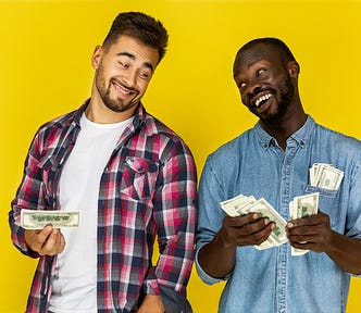 Two men smiling while holding money with a yellow background