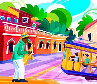 A saxophonist is playing on the colorful street and a yellow old tram is passing by.