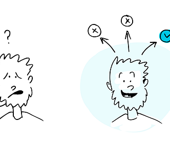 Illustration of confused man (left), and that same man (right), looking happy and confident due to being empowered by strategy.