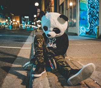 man with panda head sitting on the ground with bottles of alcohol