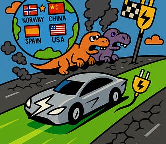 IMAGE:Lightning-bolt electric car races on a green lane toward a plug-shaped finish while dinosaur fuel cars puff smoke behind; globe scoreboard crowns pioneers like Norway and China winners over laggards like Spain and USA
