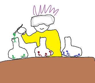 A simple MS paint drawing of kirby (in a yellow coat, with lab safety goggles and purple spikey hair) placing a little green stick figure in a beaker. There are three beakers on the table, containing green, red, and blue stick figures)