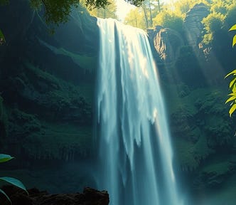 Image shows a waterfall seen from below, with a bit of sunny sky visible.