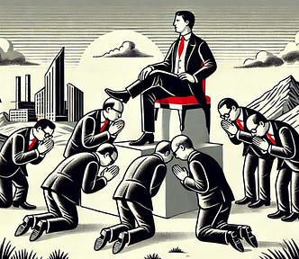 An illustration depicting a corporate hierarchy with a man in a suit sitting on a throne-like chair on a pedestal, surrounded by kneeling figures in suits bowing to him, symbolizing power dynamics and authority in a business setting.