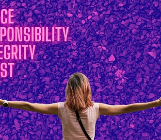 GRIT: Grace, resposibility, integrity, trust spelled out going down the left side of the image in bright neon pink letters, spelling GRIT vertically. a woman has her arms outstretched against a background of purple and pink gravel.