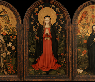 Medieval Triptych of Divine Women of Christianity, Buddhism, and Islam.