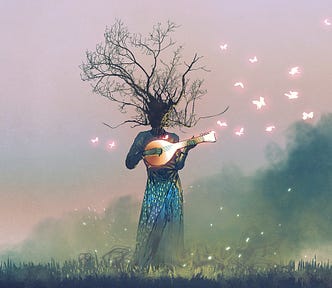 Bard playing string instrument with glowing butterflies hand drawn illustration