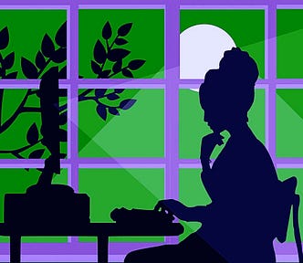 A graphic of a woman in side-on silhouette working on a computer in front of a purple French window and green night-time skyline.