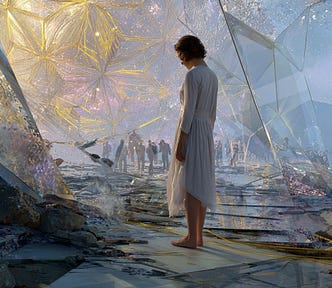 Luminous painterly image of an environment that seems both fractured and reassembling, with transparent geometric patterns in the sky. A woman stands reverently in the foreground wearing a delicate knee-length dress. Beyond her in the distance, in a pastel haze of yellow, rose, and lavender blue, people are standing or walking.