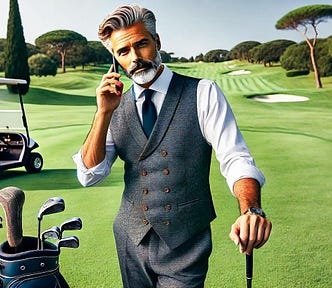 A debonair middle-aged business man on the golf course on his mobile phone