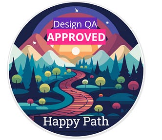 A Happy Path Design QA approved sticker with a GEN AI image of a path going through a forest and mountains