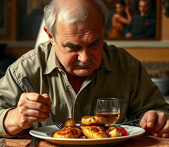 Older balding man with some grey hairs left holds a fork, and looks down at the food on his plate.