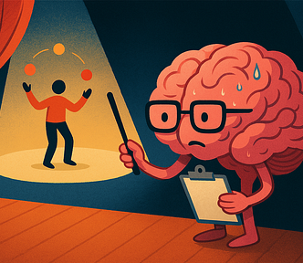 Image of a man juggling while being observed by a stressed out brain.
