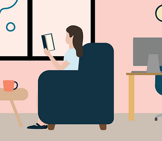 Woman reading in a comfy chair rather than at a desk.