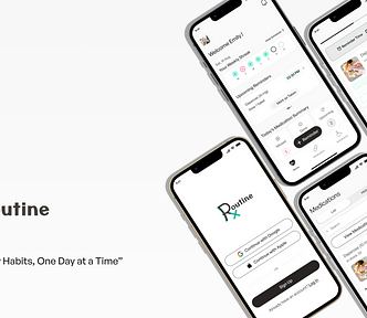 This cover picture shows few screens of app, the app name “RxRoutine” and tagline of app “Healthy Habits, One Day at a Time” .