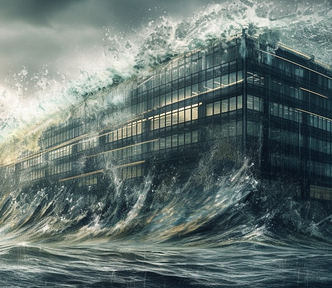 An office building being overwhelmed by crashing waves