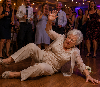 AI Image of an older lady fallen on a dance floor while everyone around her laughs.