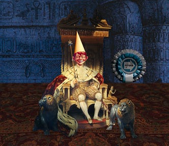 A king on a sumptuous, much elaborated throne; in one hand he holds a sceptre of office, in the other, the leashes for two fierce stone dogs that guard the throne. The king’s head has been replaced with a character who was used as the basis for MAD Magazine’s Alfred E Neumann. The new head sports a conical dunce cap. Behind the king is a UK Reform Party rosette. The background is an Egyptian temple, ganked from a Dore Old Testament engraving. The floor has been carpeted in sumptuous tabriz from