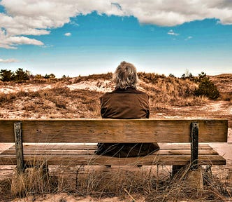 rear view of person sitting on wooden bench looking out over desert landscape and cloudy sky