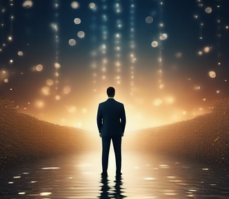 A man looking forward at an abstract landscape resembling a sunset