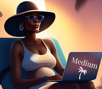An attractive, middle-aged black woman is outside on a lounge chair with a laptop.