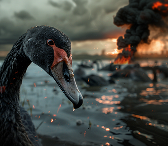 photo of a huge black swan destroying the world, AI image created on Midjourney generative ai tool, by Henrique Centieiro and Bee Lee