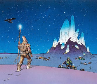 Ilustração com um a pessoa caminhando por um deserto em busca de algo, a frente existe uma fonte de recursos que aparentam ser importantes e valiosos.