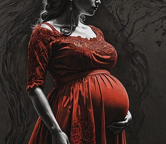 Image shows a silhouette of a pregnant young woman wearing a red dress and holding jer belly.