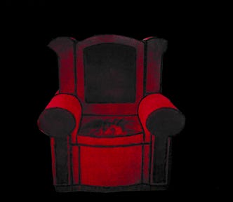 Monstrous blood-red armchair flowing in a sea of blackness. Halloween fiction.
