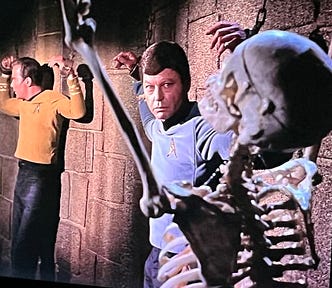 Star Trek’s Dr. McCoy is hanging on a dungeon wall looking at a skeleton next to him.