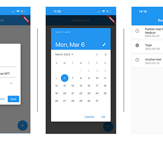 Screenshots of the remainder app: 3screens showing the home page, the form to add reminder title, description and due date, the date picker and the list of remainders