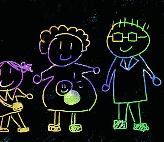 A child’s drawing of a family, a little girl, a pregnant mom, and a dad