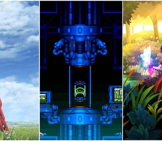 Screenshots from Xenoblade Chronicles Definitive Edition’s title screen, Super Metroid’s title screen, and the introduction video from Odin Sphere.