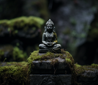 Small stone statue sitting atop a worn alter.