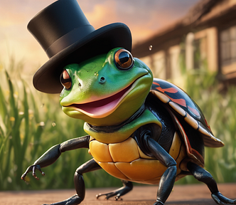 An animated bug with a top hat is in a field of grass. poetry, cricket, bugs