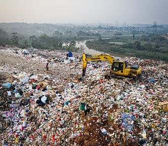 Picture of a bulldozer moving garbage in a landfill