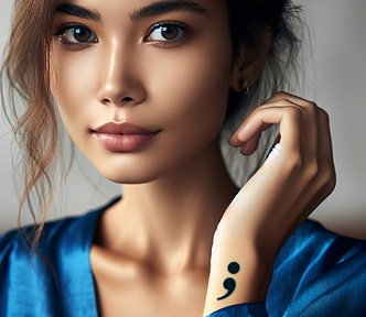 Ai created image of a woman with a semicolon tattoo on her wrist