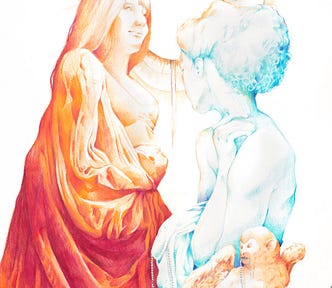 Hand-drawn art of two women, one orange and one blue