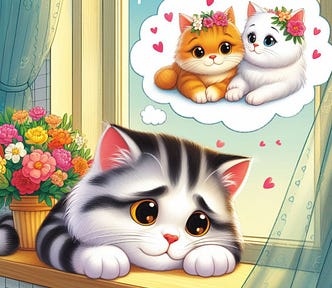 a illustration for a children’s storybook, a shy sad male tom cat is lying in a window sill, his head resting on his front paws, in a thought bubble above his head he is dreaming about him giving a bouquet of posies to 2 pretty Persian kitties