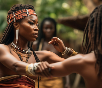 Midjourney created an image of a female African dance instructor, guiding the personification of ChatGPT.