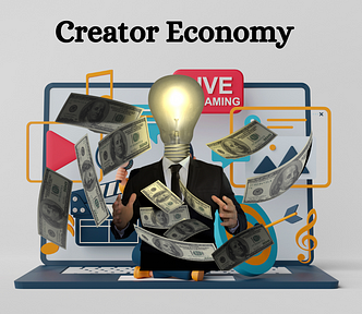 An illustration titled “Creator Economy” showing a content creator with a light bulb for a head, surrounded by money, emerging from a laptop. Icons of content creation such as the YouTube logo, a blog, and music notes are also emerging, symbolizing the financial opportunities in the creator economy