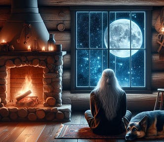 A person with long white hair sits next to a dog by a cozy fireplace, looking at the moon and stars through a window.