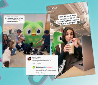 Various screenshots of Duolingo content on a graphic background — two are humorous exchanges with users who admit they haven’t studied, and one is a social media manager sharing how their mascot, “Duo” has been “unhinged” and concerned her executives. These are referred to in detail in the article below.