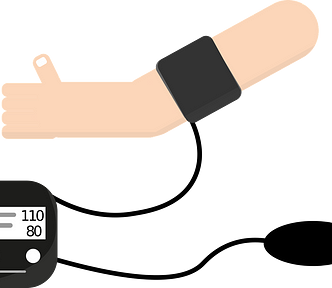 Image shows a drawing of an arm with a blood pressure cuff around it and the machine attached to it.