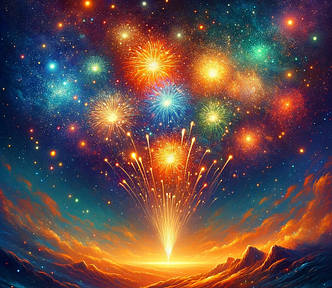 A vivid night sky where bright fireworks burst momentarily, casting brilliant colors and patterns against the dark canvas. These fireworks, though fleeting, contrast with the distant stars that have shone consistently for billions of years. The stars, constant and enduring, provide a serene backdrop to the ephemeral spectacle of the fireworks